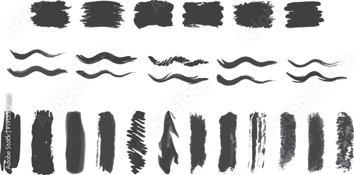 Variety of hand-drawn brush strokes and ink textures featuring grunge elements and organic shapes for artistic designs overlays and creative projects