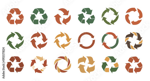 Collection of diverse recycling symbols in various colors and styles, eco-friendly concept