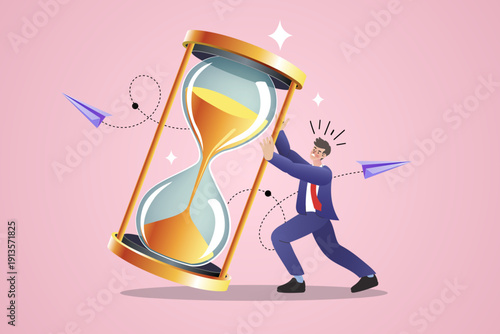 Time management and deadline pressure in business. Businessman pushing large hourglass to control working time, productivity, and project schedule in professional flat vector style.