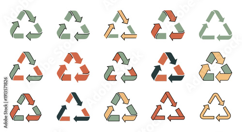 Collection of diverse recycling symbols in various colors and styles, representing sustainability and eco-friendly concepts