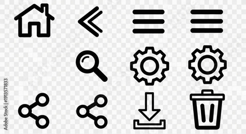 Collection of simple black line art icons on a transparent background.