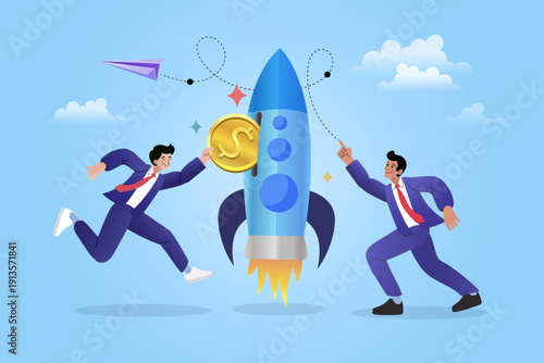 Startup funding and rapid business growth concept. Two businessmen investing gold coin into rocket for financial success, venture capital, and innovative project development.
