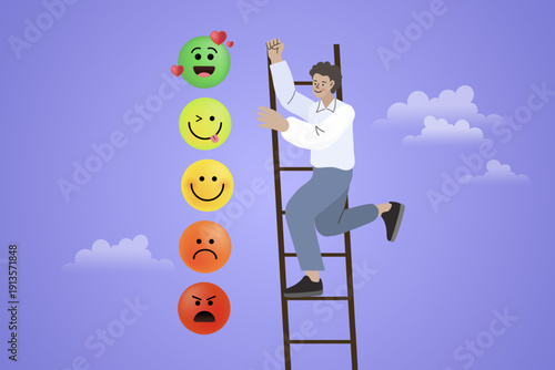 Customer experience and satisfaction rating concept. Businessman climbing ladder to choose positive feedback emoji for service evaluation, quality improvement, and business reputation management.