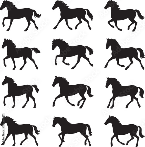 Horse Silhouette Illustration – Elegant Running Horse in Black and White