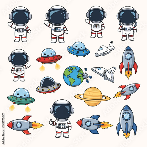 Set of funny cartoon space and rocket icons for kids design
