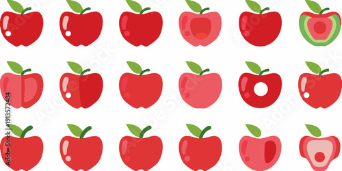 A collection of vibrant red apples in various stages of dissection