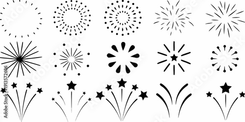 A collection of abstract black and white firework and starburst designs