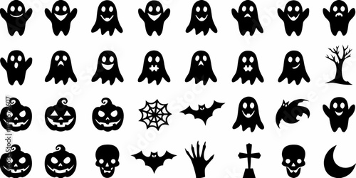 A collection of spooky halloween silhouettes including ghosts pumpkins and bats