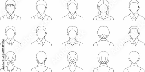 Line art illustrations of diverse faces and hairstyles viewed from various angles