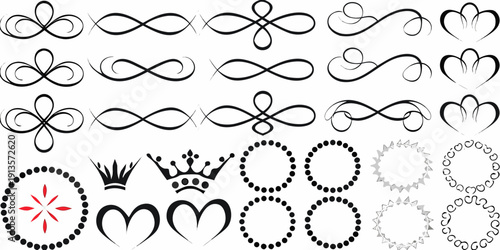 Collection of ornate black swirls flourishes hearts and decorative elements