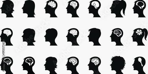 Silhouettes of human heads with varying internal imagery and profiles