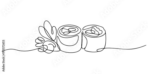 Salmon Sushi Roll with Fresh continuous one line drawing, Sushi in one line drawing. Minimalist Japanese food illustration, Continuous one line of sushi rolls, symbolizing precision and freshness