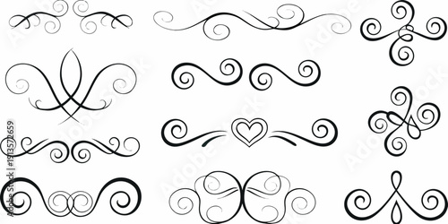 Collection of decorative swirls flourishes and ornamental designs in black
