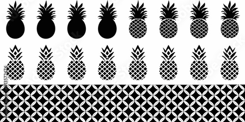 Black and white repeating pineapple pattern with geometric variations
