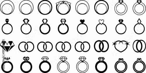 Collection of black and white ring and jewelry vector icons