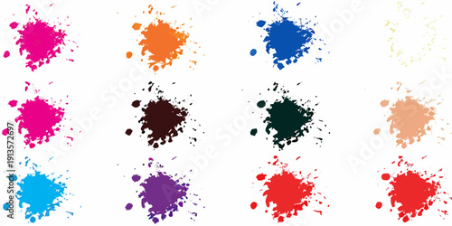 A collection of colorful paint splatters arranged in a grid pattern