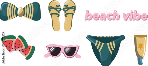 Beach vacation accessories set including bikini, flip-flops, watermelon and sunglasses. Summer holiday vector elements