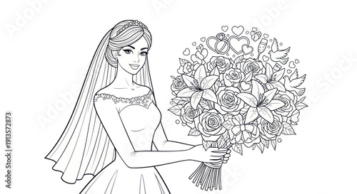 Bride holding wedding bouquet, line art, coloring page for adults and children