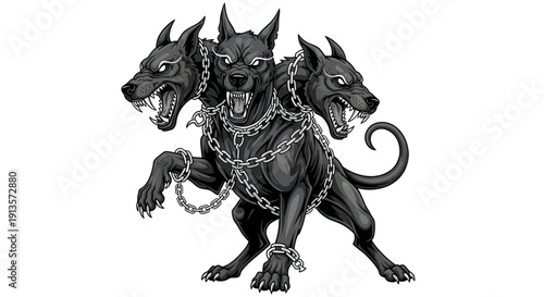 Cerberus, the three-headed dog, guarding the underworld, chained beast