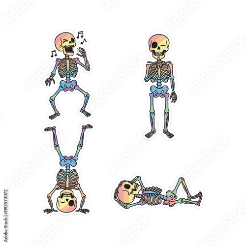 Colorful skeletons exercising and relaxing in various yoga poses on white background