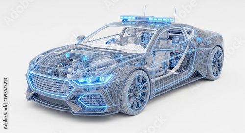 Transparent Car Blueprint Showing Internal Mechanics and Technology.