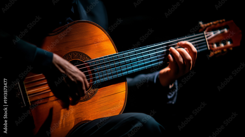 Fototapeta premium Festival Internacional del Cante de las Minas, Flamenco guitarist seated on stage performing traditional music at Festival Internacional del Cante de las Minas