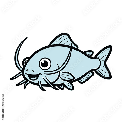 Cute Cartoon Blue Catfish Illustration, Happy and Friendly Pet Fish Character with Long Barbels