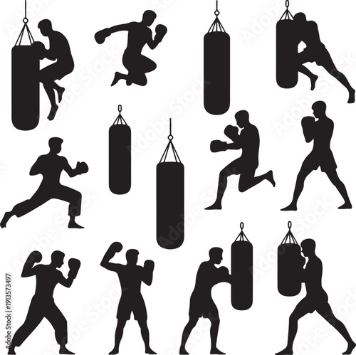 black silhouettes of boxers and punching bags in various poses