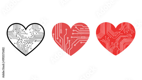 Row Of Stylized Hearts With Circuit And Pulse Patterns Representing Digital Health Design, Cardiac Tech, Patient Engagement And Cardiovascular Data Visualization Vector Illustration