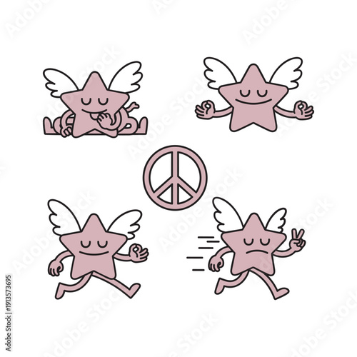 Cartoon stars with wings running around peace sign with happy faces