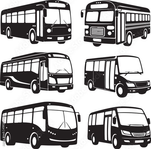 Black and white bus silhouettes in various views and styles