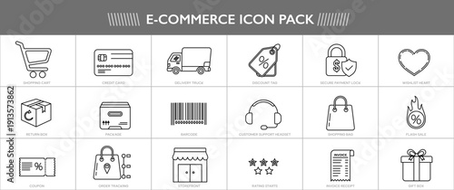 E-commerce icon set featuring shopping cart and delivery truck