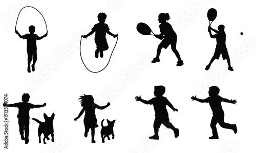 Diverse collection of children's silhouette illustrations engaged in various outdoor activities, including jumping rope and playing with dogs.