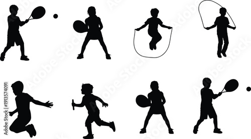 Collection of silhouette illustrations featuring children playing tennis and jumping rope, highlighting active childhood and sports participation.