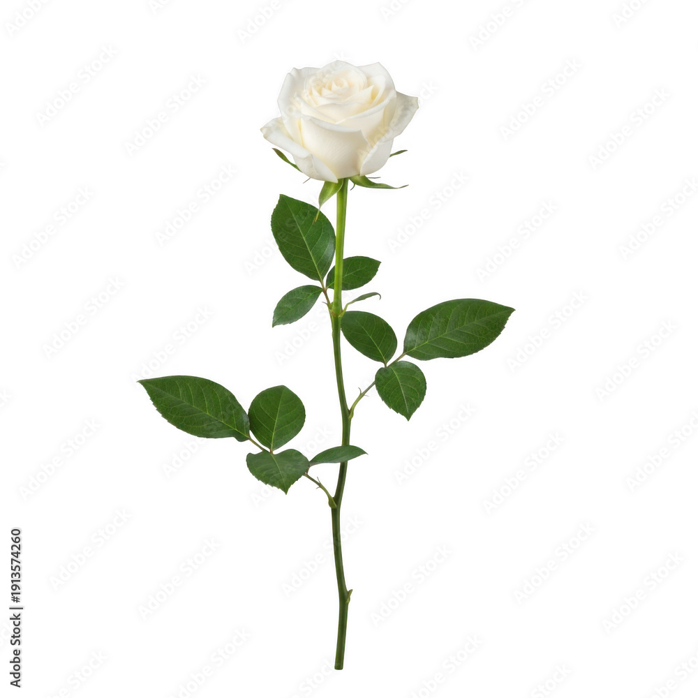 Obraz premium A single white rose with green leaves on a white background isolated on transparent background