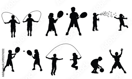Silhouettes of children playing various games: jumping rope, playing tennis, tug-of-war, and playing with a ball outdoors.