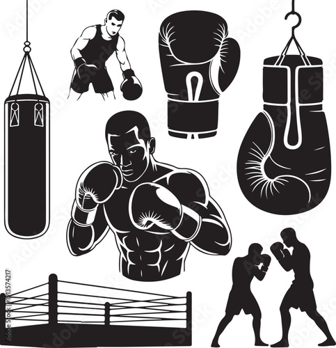 black and white illustration of boxing equipment and boxers in various poses
