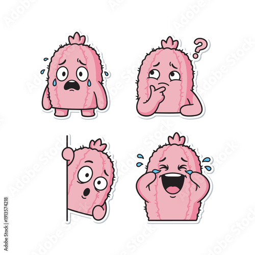 Cartoon pink blob character expressing various emotions with copy space
