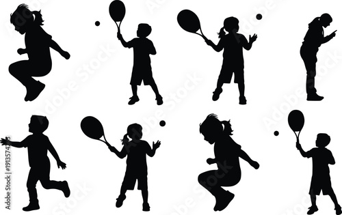 Diverse collection of black silhouettes of children engaged in various athletic activities and playful moments on a white background.