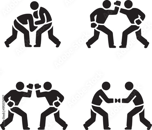 black silhouettes of people boxing and fighting in various stances and moves