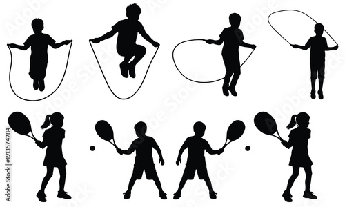 Set of black silhouettes of children jumping rope and playing tennis, showcasing active childhood and recreational pursuits.