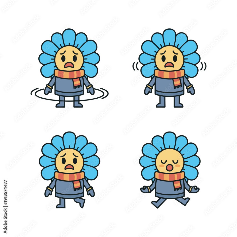 Fototapeta premium Cartoon character expressing different emotions with flower headband dancing
