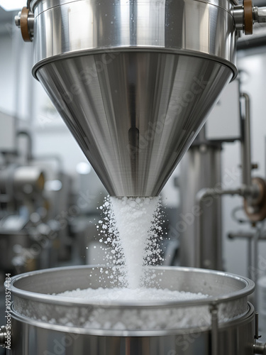 Medium shot of a gravimetric dosing hopper measuring and adding exact amounts of salt and additives emphasizing weightbased precision for consistent product quality.