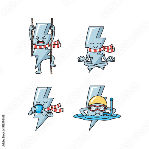 Cartoon lightning bolt characters engaging in various sports activities with playful expressions