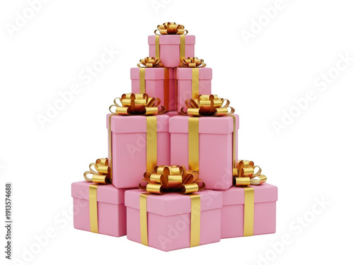 A stack of pink presents with gold bows and ribbons