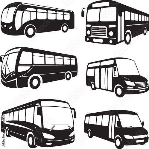 Black and white illustrations of various bus types and angles