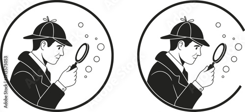Cad drawing flat vector illustration of detective character silhouette holding magnifying glass in circular frame for mystery, investigation, crime solving, and secret agent concepts.