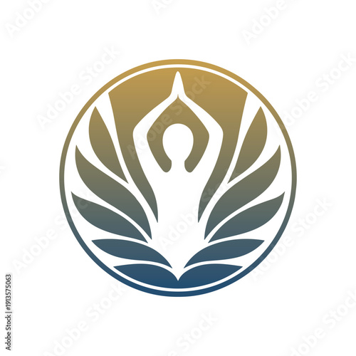 A yoga logo with a person in a meditative pose surrounded by leaves in a circle