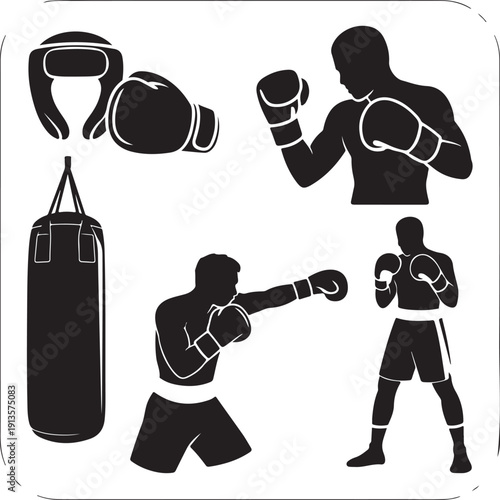black silhouettes of boxers and boxing equipment on white background