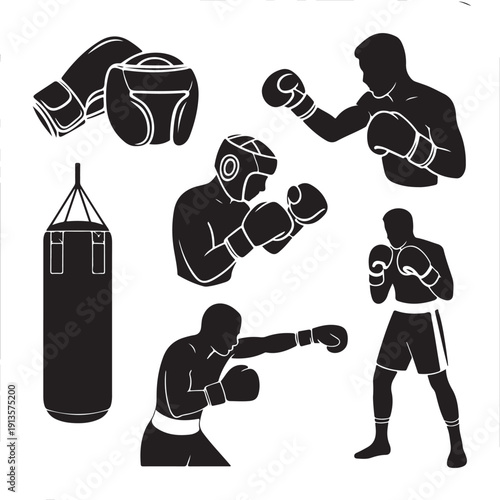 black silhouettes of boxers and boxing equipment on white background
